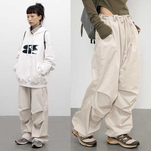 CryingCenter 米白色降落伞裤伞兵裤中低腰抽绳基础工装 哭喊中心 商品图2
