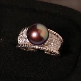 【甄珠贝】ji光淡水 紫透绿光 9-10mm 正圆无暇 珍珠戒指 925纯银配件