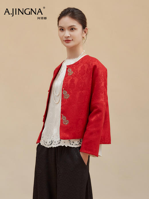 【淘衣节专享】阿菁娜冬季新款新中式提花外套手工盘扣葫芦装饰宫廷缠枝花F30D215015 商品图1