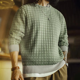 马登工装美式复古格子圆领卫衣格纹绿色长袖T恤套头短款外套男春