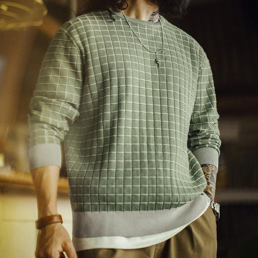 马登工装美式复古格子圆领卫衣格纹绿色长袖T恤套头短款外套男春 商品图0