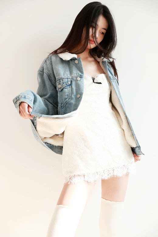 巨厚羊羔毛，小方标丹宁棉衣。水洗做旧牛仔翻领夹克棉服C123166 商品图9