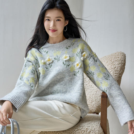 奢姿大码女装2025冬季时尚立体花朵装饰针织衫胖妹妹气质减龄上衣9554691098 商品图2