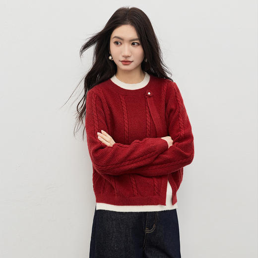 【12/31新品】熙世界假两件新年红色厚毛衣女冬季2025新款设计感独特漂亮针织衫 商品图4