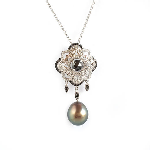 【天然正品】AU750白金豪镶钻镶天然近完美约12.8*11.2MM水滴形孔雀绿大溪地海水珍珠吊坠项链43.7*22.1*7.8MM(皆取最大值)链长：45CM（长度可调节） 231225TJ33 商品图0