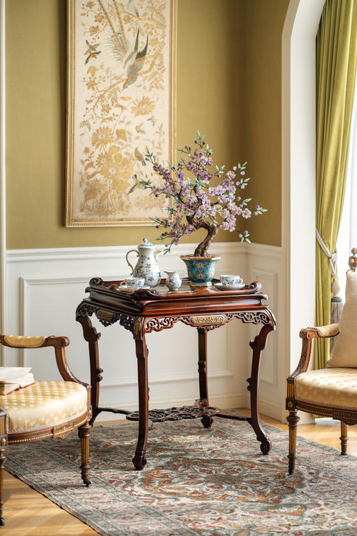 【已售】独角鹿西洋古董19世纪法国出品VIARDOT东方风格铜鎏金装饰仙鹤主题黑地金漆彩绘桌面嵌祥云纹红木精雕桌几 商品图0