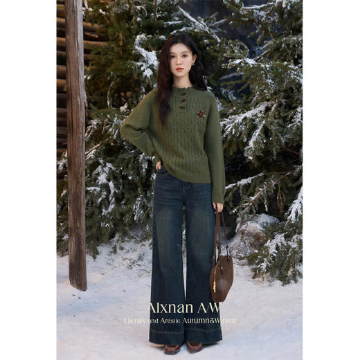鹿向南「柏林纪事」绿色慵懒风毛衣2025秋冬季新款高级针织上衣女 商品图0