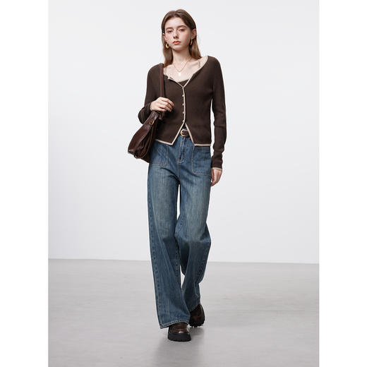 三彩2026春季新款复古水洗牛仔裤高腰宽松阔腿裤长裤大口袋M 商品图1