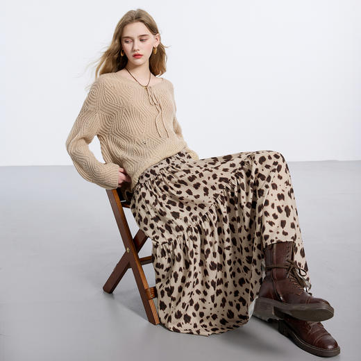 三彩2026春季新款豹纹半身裙松紧腰A字裙显瘦长裙优雅气质M 商品图2