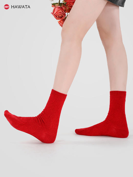 哈瓦塔新年喜庆保暖小红袜运动圆头袜（无止滑点）H160137 商品图2