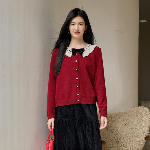 奢姿大码女装2025冬季时尚蕾丝娃娃领针织开衫胖妹妹气质减龄上衣9854691089 商品图4