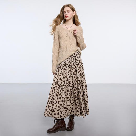 三彩2026春季新款豹纹半身裙松紧腰A字裙显瘦长裙优雅气质M 商品图3