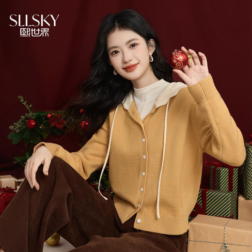 【年货节】熙世界超好看的撞色连帽毛衣开衫女秋冬新款北极绒黄色针织短外套 商品图0