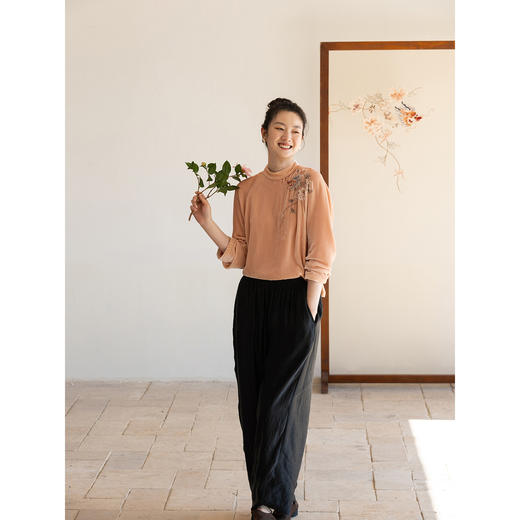 牧衣游原创 26姆米重磅丝麻净色休闲长裤黑色显瘦宽松阔腿裤 曦容 商品图1