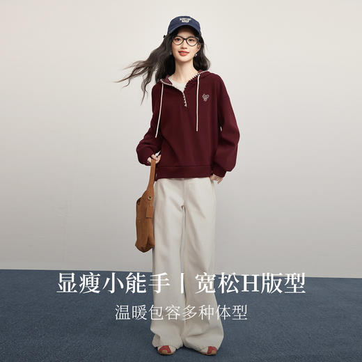 【年货节】熙世界独特超好看红色加绒卫衣女2025秋冬新款休闲宽松套头衫上衣 商品图1