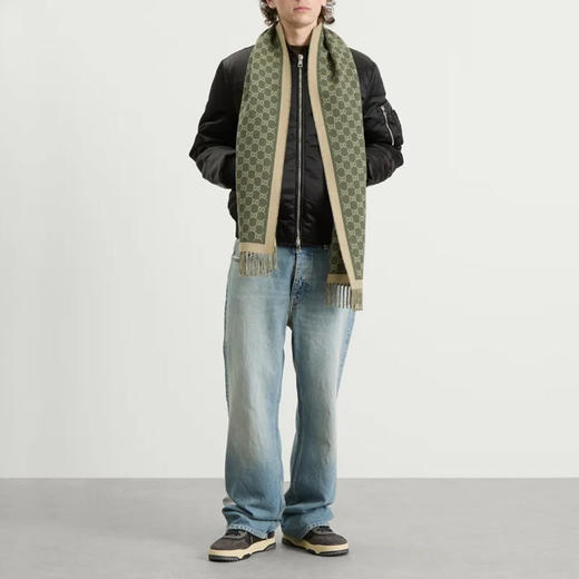 GUCCI 古驰 男士GG羊毛提花围巾 绿色 835534 4G200 3479 商品图3