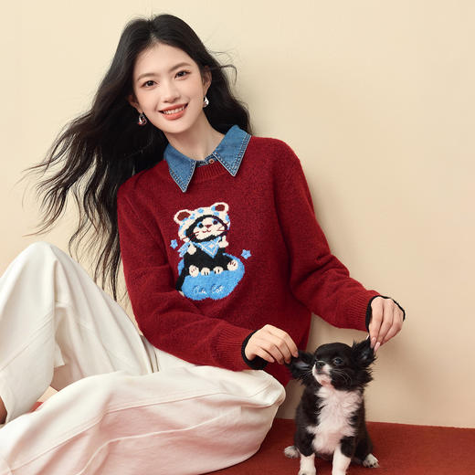 【年货节】熙世界招财猫提花保暖毛衣女冬季休闲宽松慵懒套头圆领羊毛针织衫 商品图3
