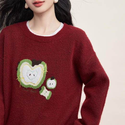 【12/31新品】熙世界苹果毛巾绣绿色厚毛衣女慵懒高级感冬季宽松圆领软糯针织衫 商品图4