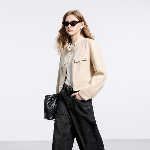 三彩2026春季新款宽松短款仿麂皮绒空气层外套简约夹克上衣M 商品图2