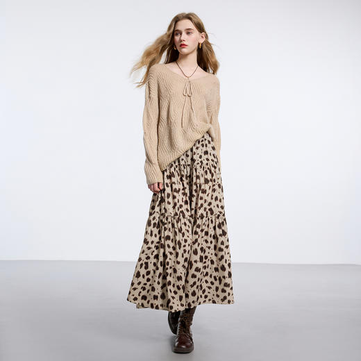 三彩2026春季新款豹纹半身裙松紧腰A字裙显瘦长裙优雅气质M 商品图1