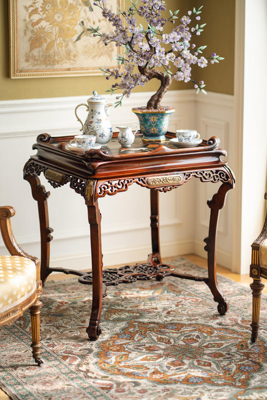 【已售】独角鹿西洋古董19世纪法国出品VIARDOT东方风格铜鎏金装饰仙鹤主题黑地金漆彩绘桌面嵌祥云纹红木精雕桌几 商品图1