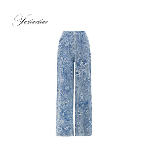 余潇潇【浮雕艺术】棉混纺复古满幅佩斯利花纹提花宽松直筒牛仔裤 商品图3