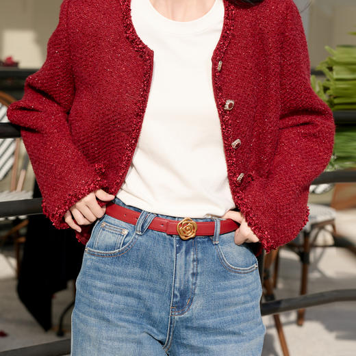 三彩2026新款玫瑰金属扣腰带二层牛皮复古百搭通勤浪漫氛围感约会 商品图1