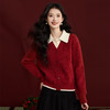 【12/31新品】熙世界假两件红毛衣女士秋冬季套头撞色POLO领拼接针织衫新年穿搭 商品缩略图3