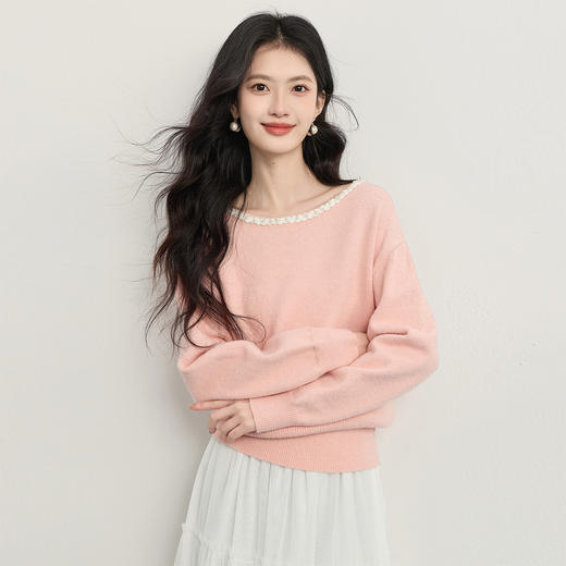 【年货节】熙世界小香风粉色毛衣女秋冬宽松慵懒甜美气质珍珠圆领套头针织衫 商品图4