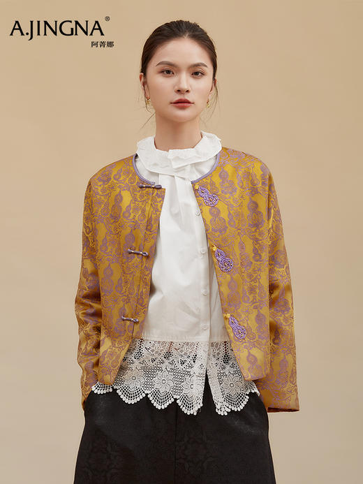 【淘衣节专享】阿菁娜冬季新款新中式提花外套手工盘扣葫芦装饰宫廷缠枝花F30D215015 商品图4