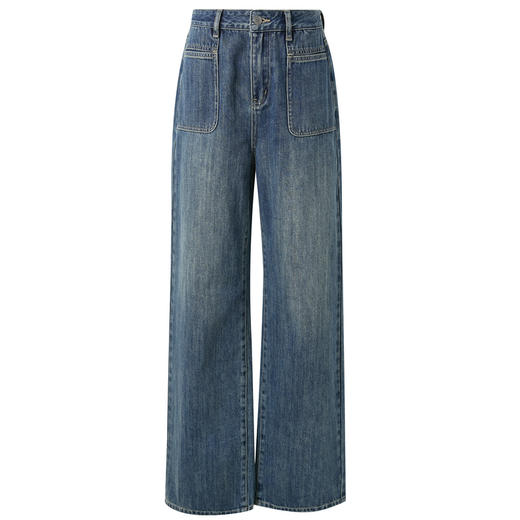 三彩2026春季新款复古水洗牛仔裤高腰宽松阔腿裤长裤大口袋M 商品图4