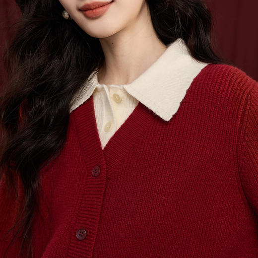 【12/31新品】熙世界假两件红毛衣女士秋冬季套头撞色POLO领拼接针织衫新年穿搭 商品图4