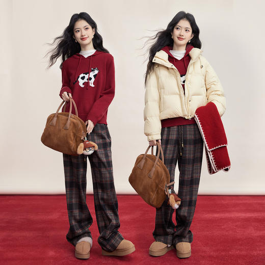 【年货节】熙世界休闲风猫咪提花红色毛衣女连帽秋冬减龄新年穿搭套头针织衫 商品图2