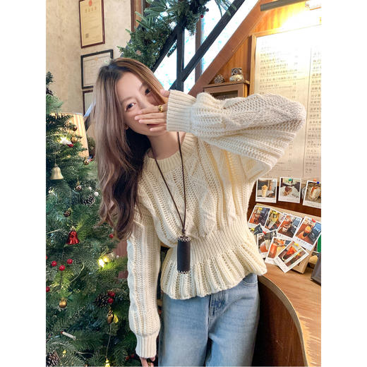 <曾小咸推荐>法式镂空设计感收腰针织毛衣 商品图1