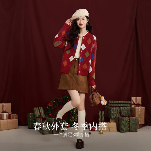 【12/31新品】熙世界新年穿搭红色菱格针织开衫女2025秋冬新款撞色复古毛衣外套 商品图2