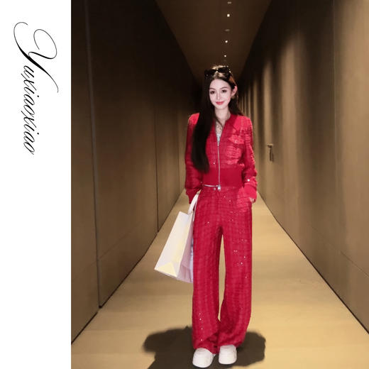 余潇潇【禧事连连】气质小香风亮片粗花呢翻领短款外套&直筒休闲裤 商品图4