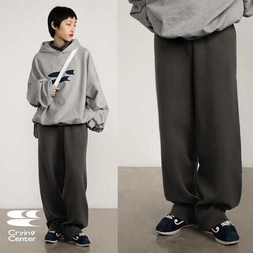 CryingCenter 深碳灰 坑条收脚口加厚型橡筋腰毛绒毛织裤哭喊中心 商品图2