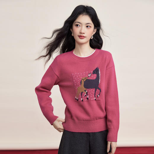 【12/31新品】熙世界「好运加马」马年生肖提花毛衣女冬季厚款圆领北极绒针织衫 商品图3