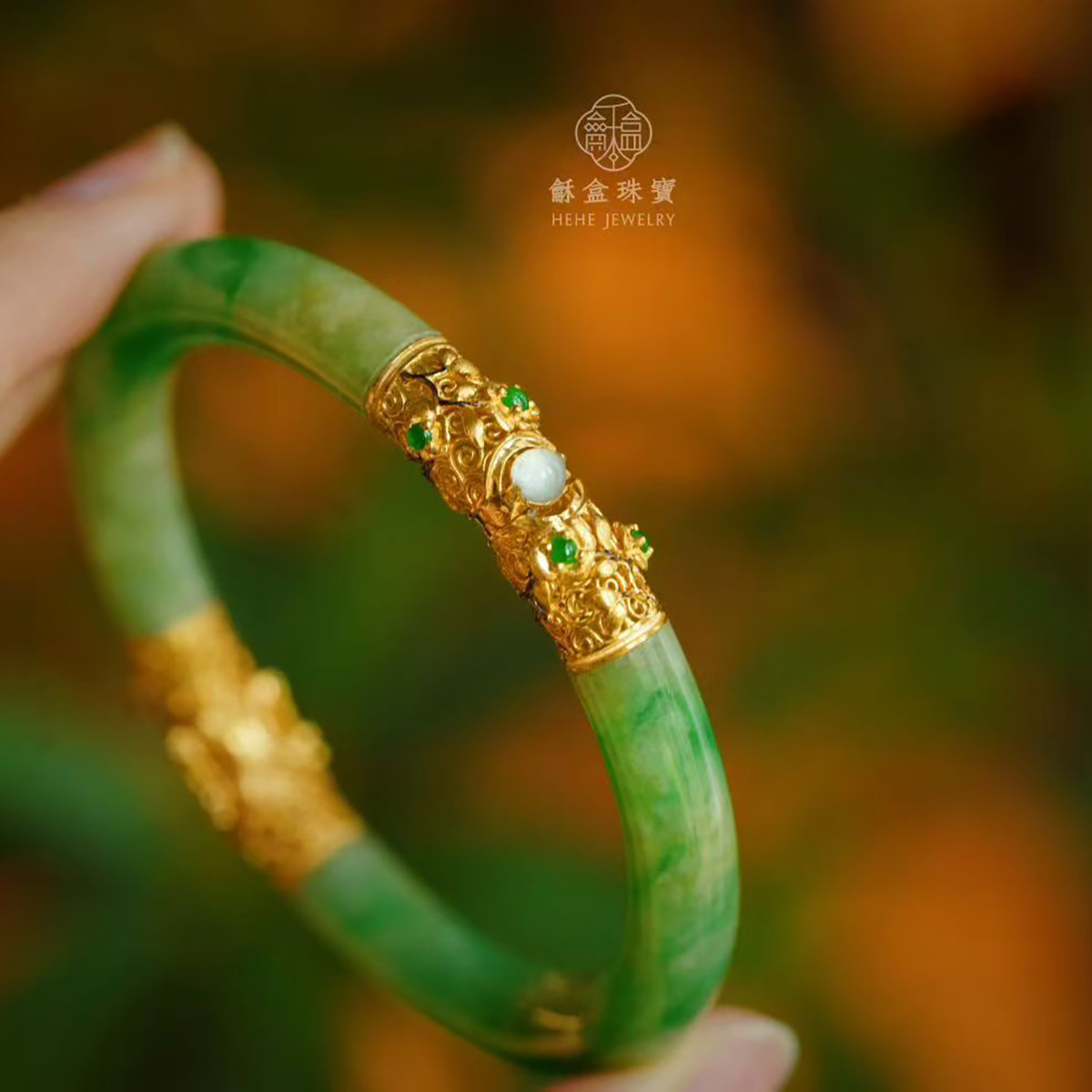 龢盒原创 18k金镶玉老翡翠手镯