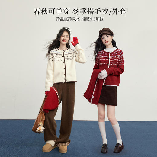 【12/31新品6.5折】熙世界红色系新年穿搭费尔岛毛衣女秋冬季复古牛角扣圆领针织开衫 商品图2