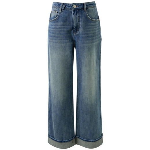 三彩2026春季新款休闲牛仔裤卷边高腰宽松直筒裤九分裤S 商品图4