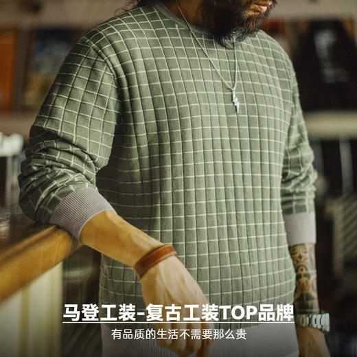 马登工装美式复古格子圆领卫衣格纹绿色长袖T恤套头短款外套男春 商品图4