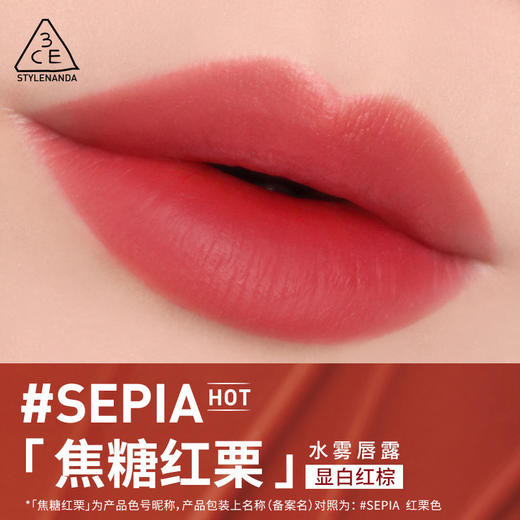 3CE水雾唇釉唇露唇釉口红持不易沾杯#SEPIA铁锈砖红（焦糖红栗）QM 商品图1