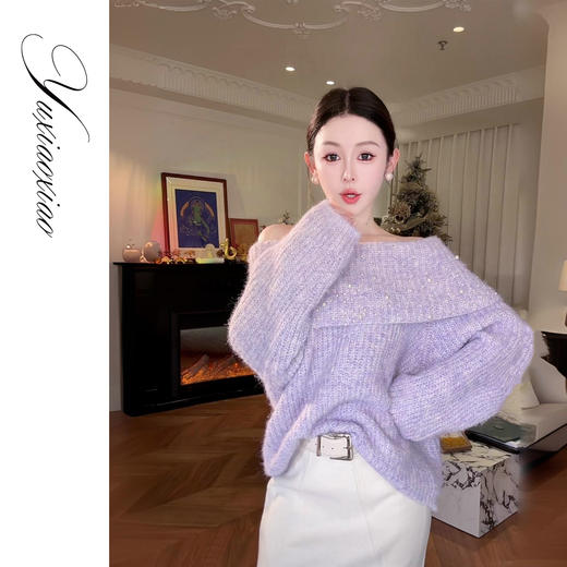 余潇潇【心动宣言】慵懒氛围感珍珠点缀一字领宽松软糯针织毛衣女 商品图4