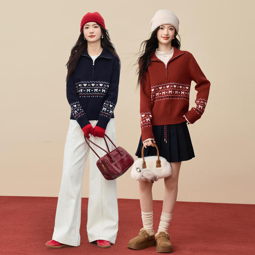 【12/31新品】熙世界过新年费尔岛提花厚毛衣女秋冬复古半拉链立领套头针织上衣 商品图2