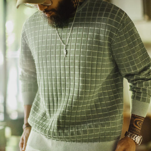 马登工装美式复古格子圆领卫衣格纹绿色长袖T恤套头短款外套男春 商品图3