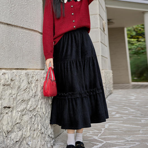 奢姿大码女装2025冬季胖妹妹时尚减龄灯芯绒荷叶边多层设计半身裙9954470630 商品图2