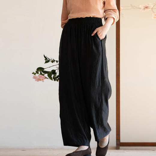 牧衣游原创 26姆米重磅丝麻净色休闲长裤黑色显瘦宽松阔腿裤 曦容 商品图0