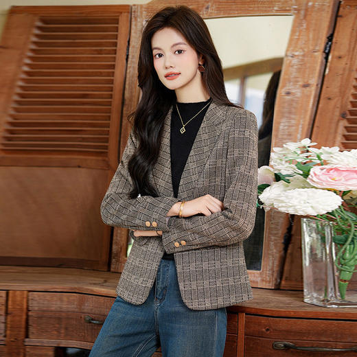 「自」全新升级【铂金会员183/天猫249/差价66】(00336)洛诗琳气质格纹西装外套2025秋冬小个子显瘦时尚格子上衣 商品图1