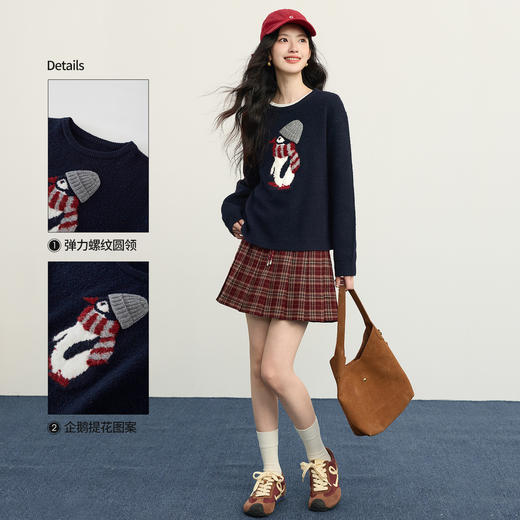 【12/31新品】熙世界卡通企鹅提花毛衣女秋冬厚实宽松圆领套头针织衫2025年新款 商品图2